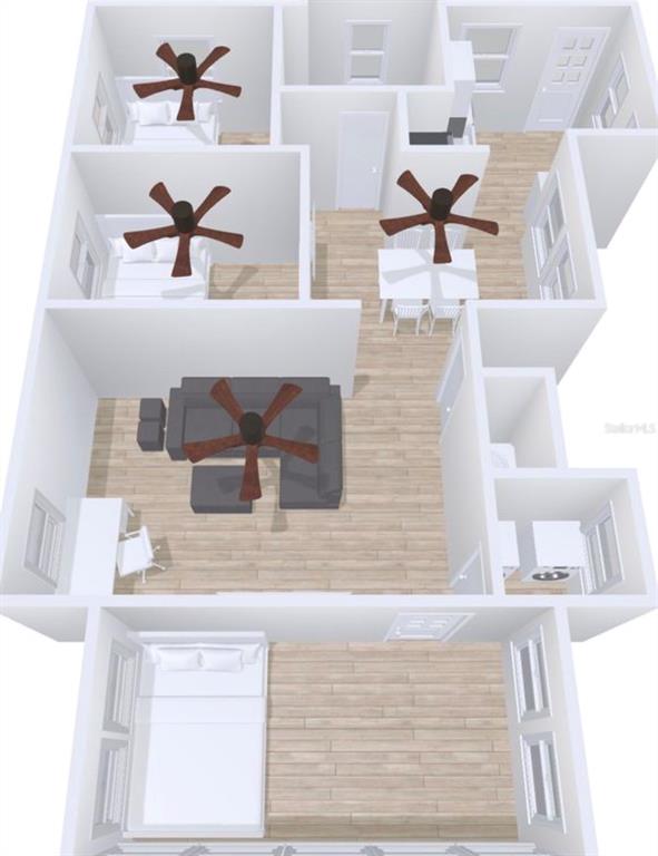 This is a 3D floor plan rendering of a furnished apartment with wood-look flooring — 1701 14TH AVENUE S UNIT A, ST PETERSBURG, FL
