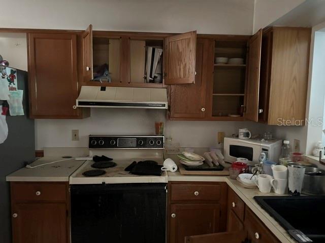 A kitchen features wood cabinets, a stove, a microwave, and a countertop with various items — 3977 MERMOOR DRIVE, PALM HARBOR, FL