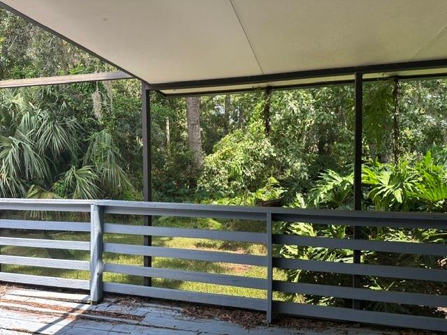 A view from a covered wooden deck looking out toward dense trees and lush foliage — 3977 MERMOOR DRIVE, PALM HARBOR, FL