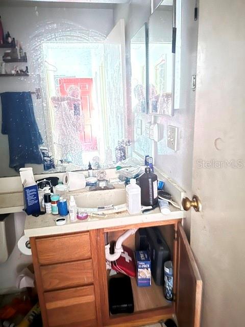 A bathroom vanity with a wooden cabinet, a cluttered countertop, and a large mirror — 3977 MERMOOR DRIVE, PALM HARBOR, FL