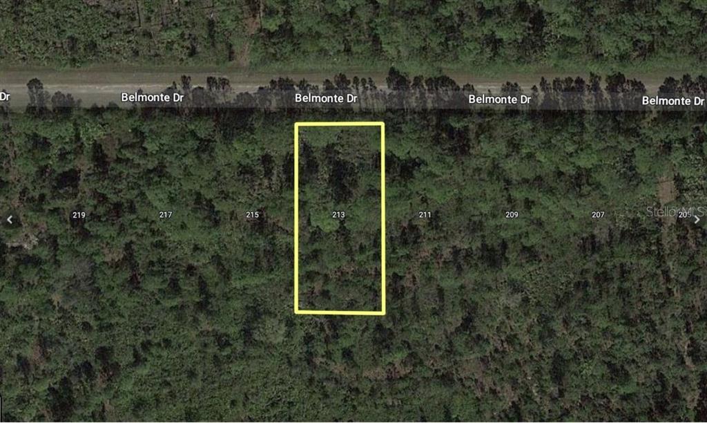 An aerial map view shows a rectangular plot of land highlighted in yellow along Belmonte Drive — 213 BELMONTE DRIVE, INDIAN LAKE ESTATES, FL