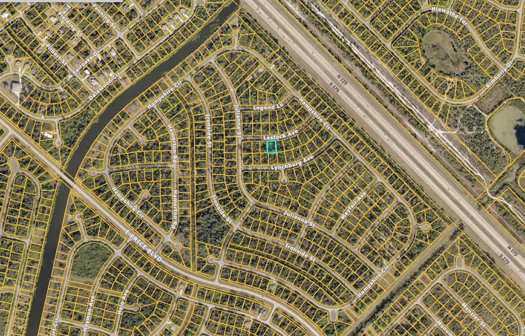 An aerial map view shows a highlighted residential lot in a suburban neighborhood — 1132212704 LESTOCK AVENUE, NORTH PORT, FL