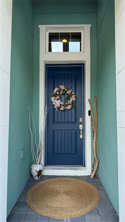 A blue front door with a floral wreath sits in a teal-walled entryway — 6412 GRENADA ISLAND AVENUE, APOLLO BEACH, FL