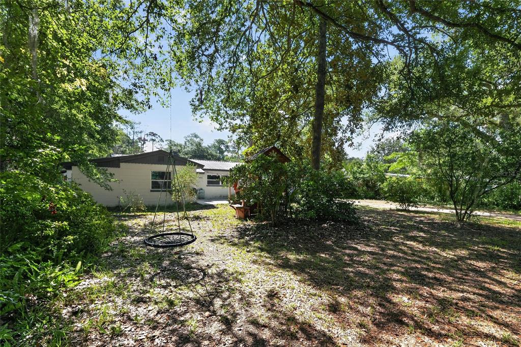 A backyard features a circular swing hanging from a tree near a single-story house — 1805 NE 6TH TERRACE, GAINESVILLE, FL