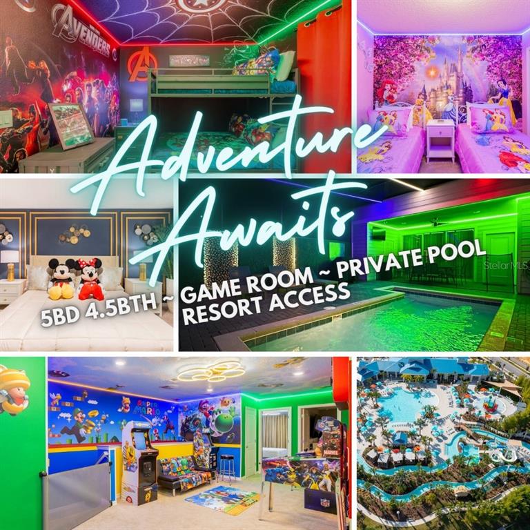 A collage shows themed bedrooms, a private pool, a game room, and a resort pool — 996 PARADISE DRIVE, DAVENPORT, FL