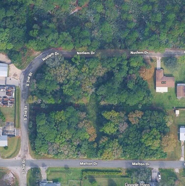 This aerial map view shows a wooded, undeveloped rectangular lot bordered by three streets — Tbd #2 Notlem Drive, Fort Pierce FL 34982, FORT PIERCE, FL