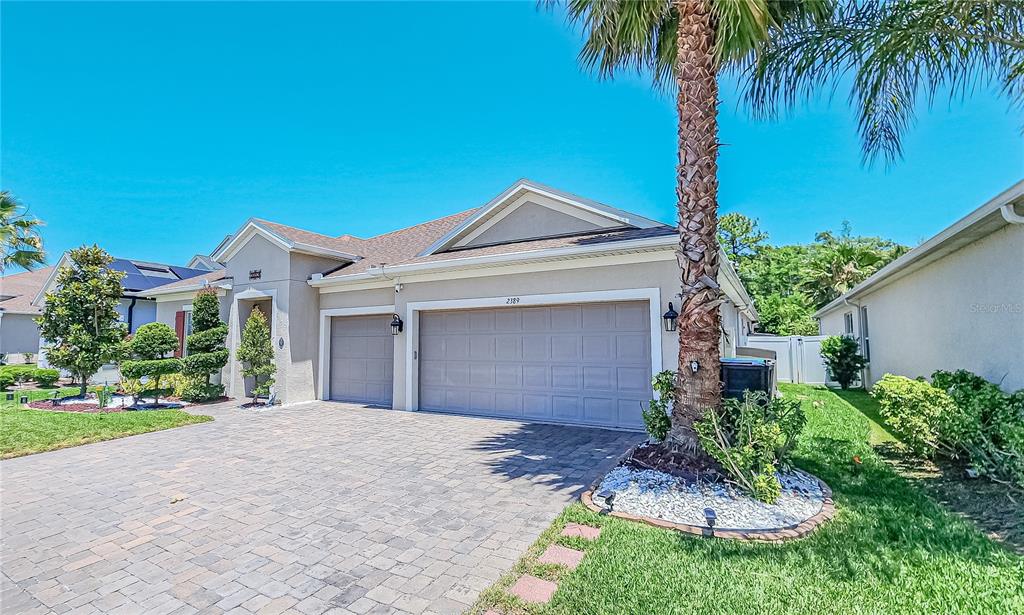 A single-story house with a paved driveway, a three-car garage, and a palm tree — 2389 PEARL CIDER STREET, ORLANDO, FL