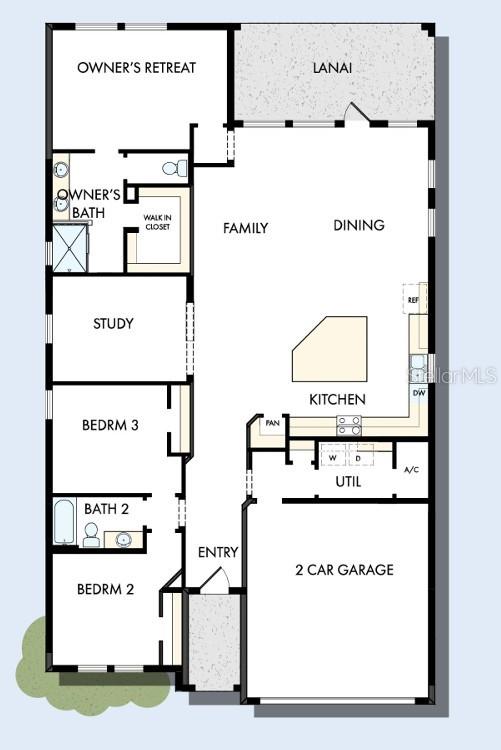 This is a floor plan for a single-story home with three bedrooms, a study, and garage — 5117 CHATTAHOOCHEE BEND, ST CLOUD, FL