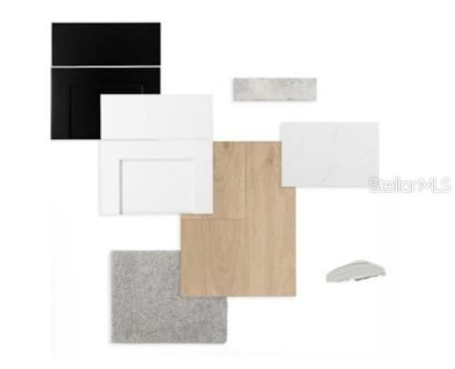 This is a digital rendering of interior design finish samples, including cabinetry, flooring, and countertops — 5117 CHATTAHOOCHEE BEND, ST CLOUD, FL