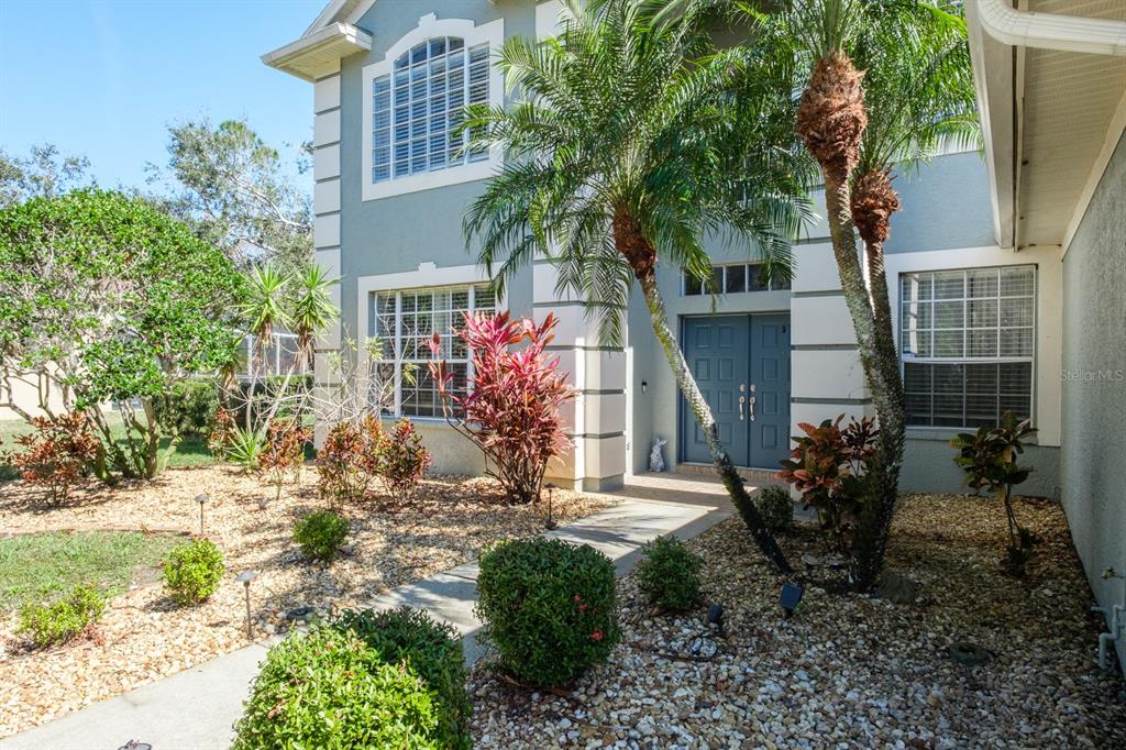 A two-story house exterior features a blue front door, palm trees, and gravel landscaping — 4037 AUSTON WAY, PALM HARBOR, FL