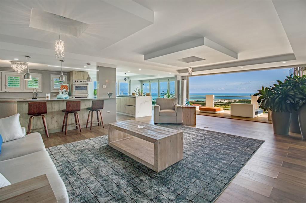 An open-concept living room and kitchen featuring a large rug, bar seating, and ocean views — 1 PR 968 KM 2, RIO GRANDE, PR
