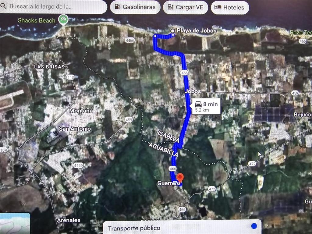 This is a digital map showing a driving route between Guerrero and Playa de Jobos — BO. GUERRERO MANSIONES DEL CIELO, AGUADILLA, PR
