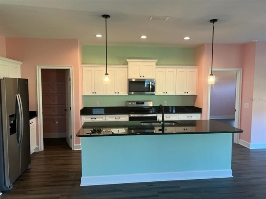 A kitchen features white cabinets, black countertops, a central island, and pastel-colored walls — 12518 NW 159TH WAY, ALACHUA, FL