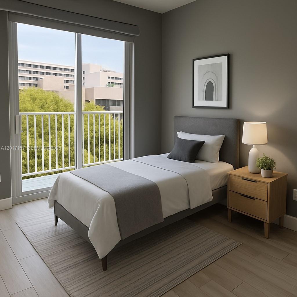 This is a rendering of a bedroom featuring a twin bed, nightstand, and balcony access — 50 Ocean Lane Dr # 404, Key Biscayne FL 33149, KEY BISCAYNE, FL