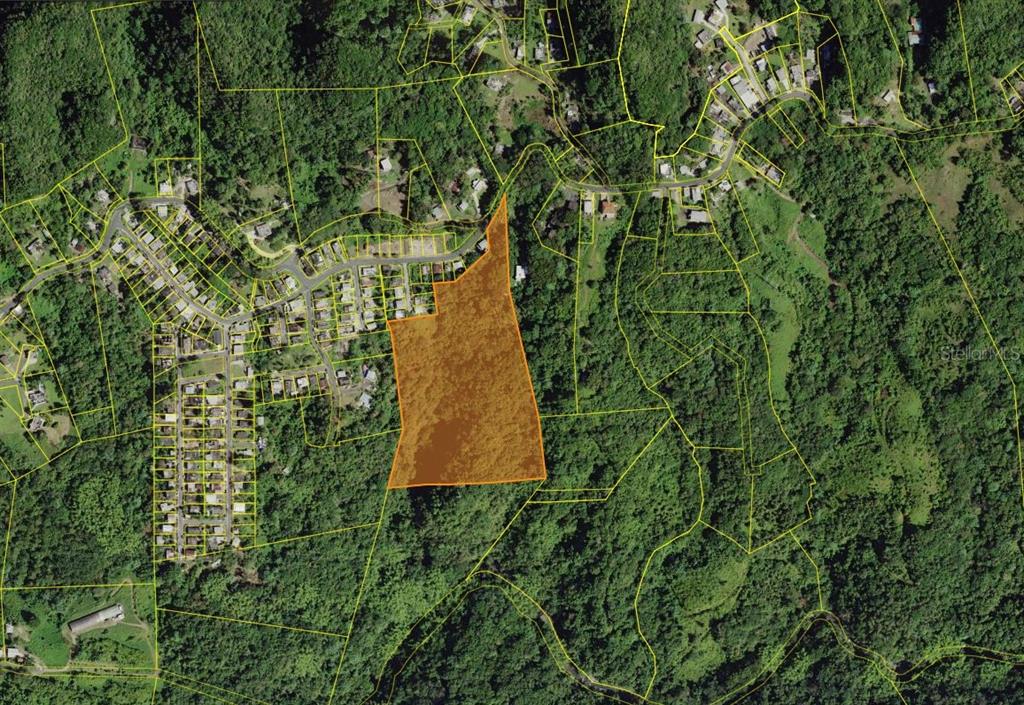 An aerial map view shows a large, highlighted parcel of land surrounded by dense vegetation — Solar 19 BARRIO CORDILLERA, CIALES, PR