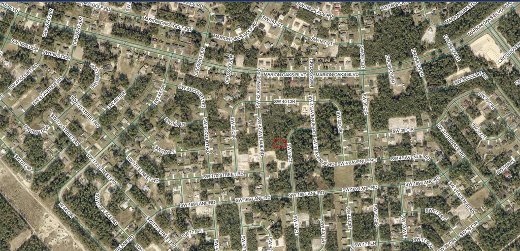This is an aerial map view showing a vacant residential lot outlined in red — 8006-0714-12 SW 41 COURT, OCALA, FL