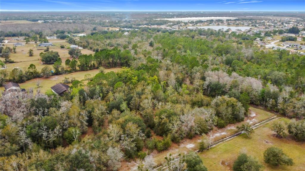 An aerial view shows a wooded lot bordered by grassy fields and nearby residential homes — TWILIGHT TRAIL, KISSIMMEE, FL