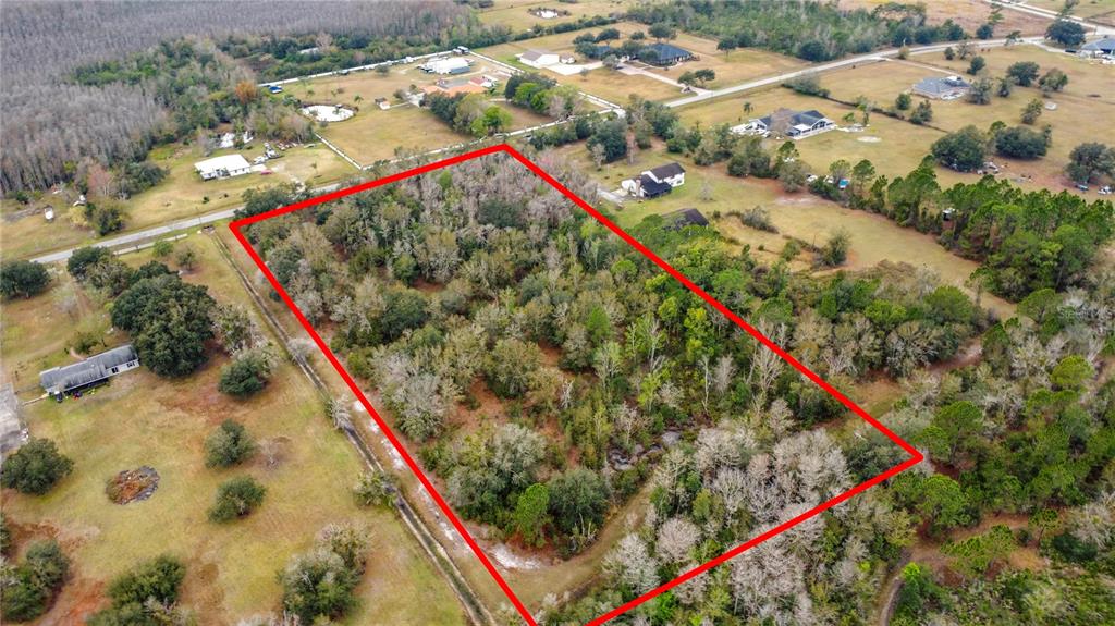 An aerial view shows a rectangular, wooded plot of land outlined in red — TWILIGHT TRAIL, KISSIMMEE, FL