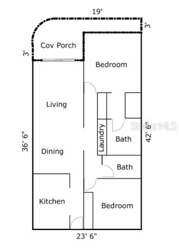 This is a floor plan for a two-bedroom apartment with a covered porch — SR 102 km 14.6 BARRIO JOYUDA COND TORRE PUESTA DEL SOL UNIT 406, CABO ROJO, PR