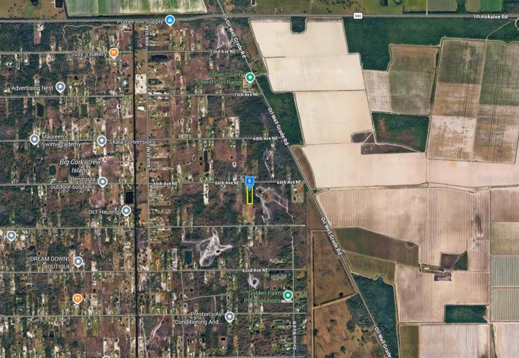 This is an aerial map showing a rectangular property highlighted in yellow near Oil Well Road — 4450 66TH AVE NE, NAPLES, FL