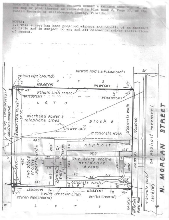 This is a land survey map showing two buildings on a lot in Hillsborough County — 2306 N MORGAN STREET, TAMPA, FL