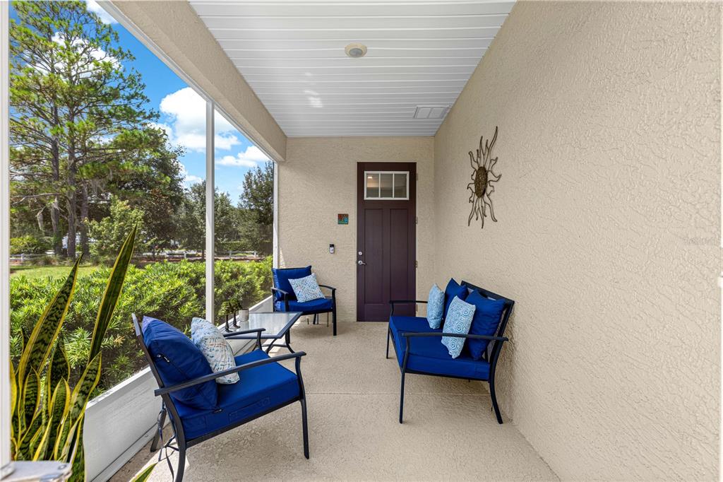 A screened-in patio features blue cushioned outdoor furniture, a dark door, and a sun wall decoration — 8952 SW 78TH COURT, OCALA, FL