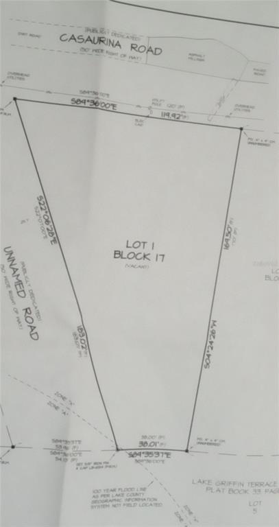 This is a survey map showing the property boundaries and dimensions for Lot 1, Block 17 — CASAURINA ROAD, LADY LAKE, FL