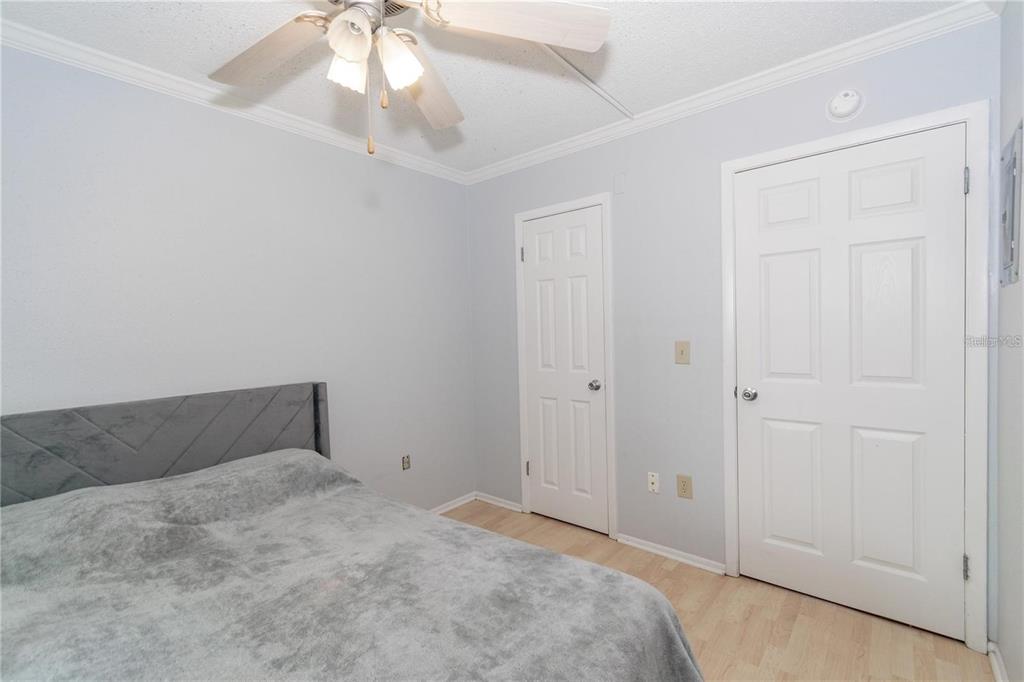A bedroom features light gray walls, light wood-look flooring, a ceiling fan, and two white doors — 139 OYSTER BAY CIRCLE UNIT 200, ALTAMONTE SPRINGS, FL