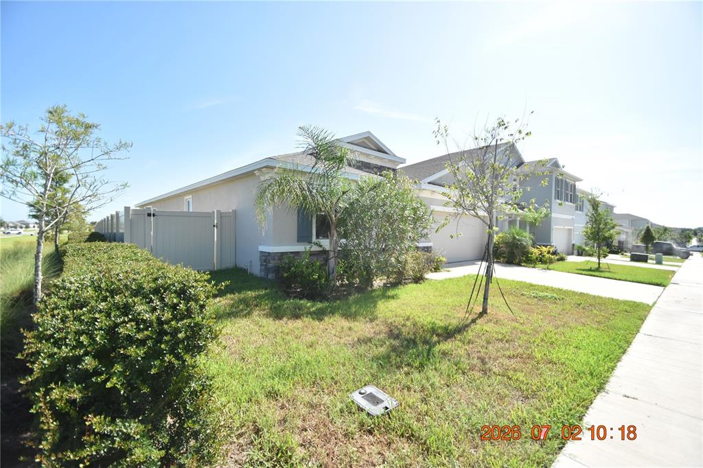 A single-story suburban house with a tan exterior, a palm tree, and a vinyl fence — 32003 CONCHSHELL SAIL STREET, WESLEY CHAPEL, FL