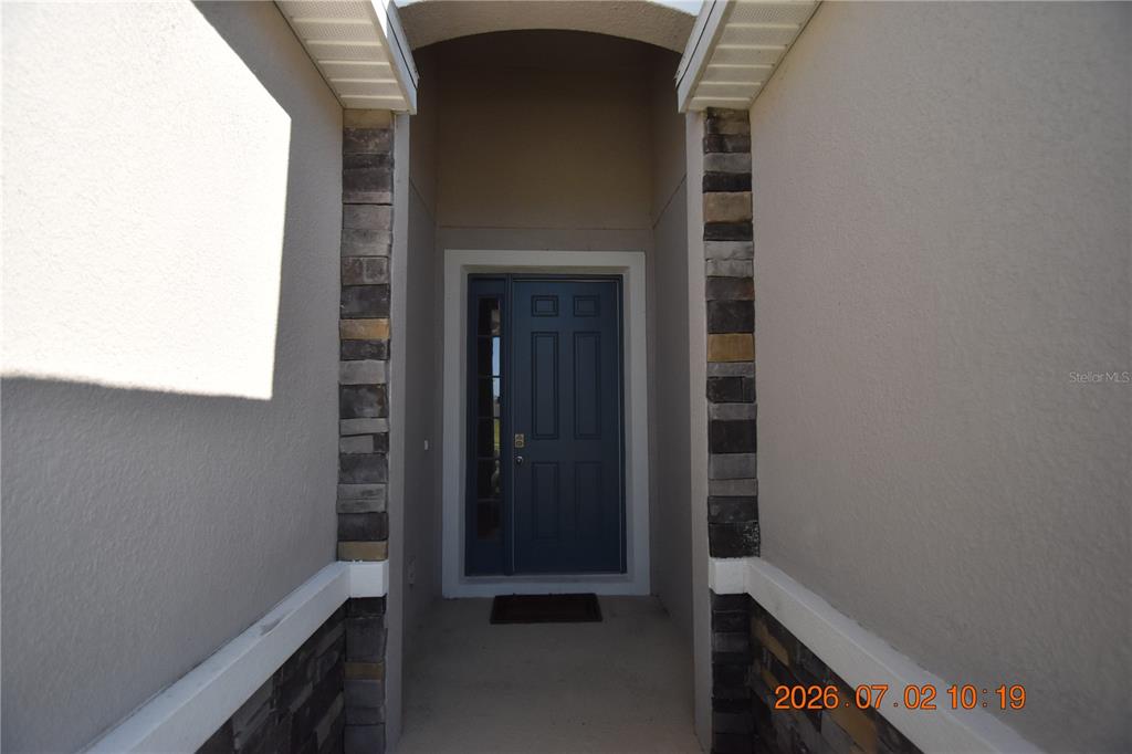 A front entryway features a dark blue door flanked by stone-accented pillars — 32003 CONCHSHELL SAIL STREET, WESLEY CHAPEL, FL