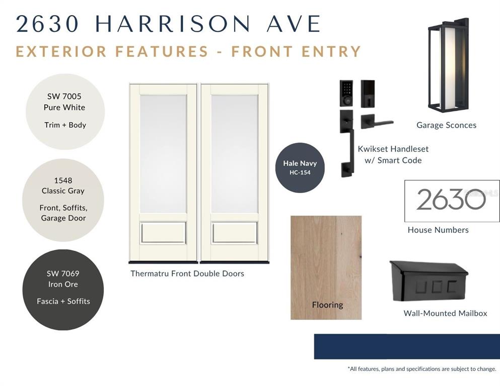 This design board displays exterior finish selections including paint colors, door style, hardware, and lighting — 2630 HARRISON AVENUE, ORLANDO, FL