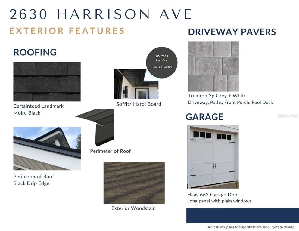 This image is a design board displaying exterior building materials, roofing, and garage door specifications — 2630 HARRISON AVENUE, ORLANDO, FL