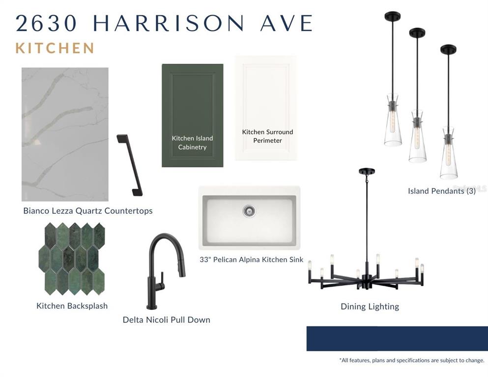 This design board displays kitchen finishes including cabinetry, quartz countertops, backsplash tiles, sink, faucet, and lighting — 2630 HARRISON AVENUE, ORLANDO, FL