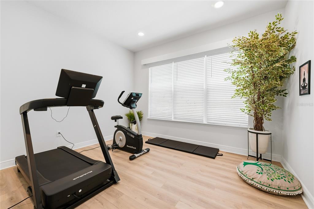 A home gym features a treadmill, stationary bike, exercise mat, and a potted tree — 15790 SWEET LIMETTA DRIVE, WINTER GARDEN, FL