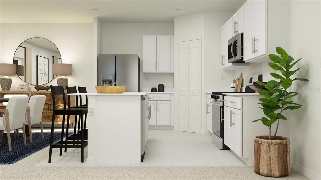 This is a digital rendering of a modern kitchen with white cabinets and a center island — 1531 WILLOW GARDEN LOOP, EUSTIS, FL