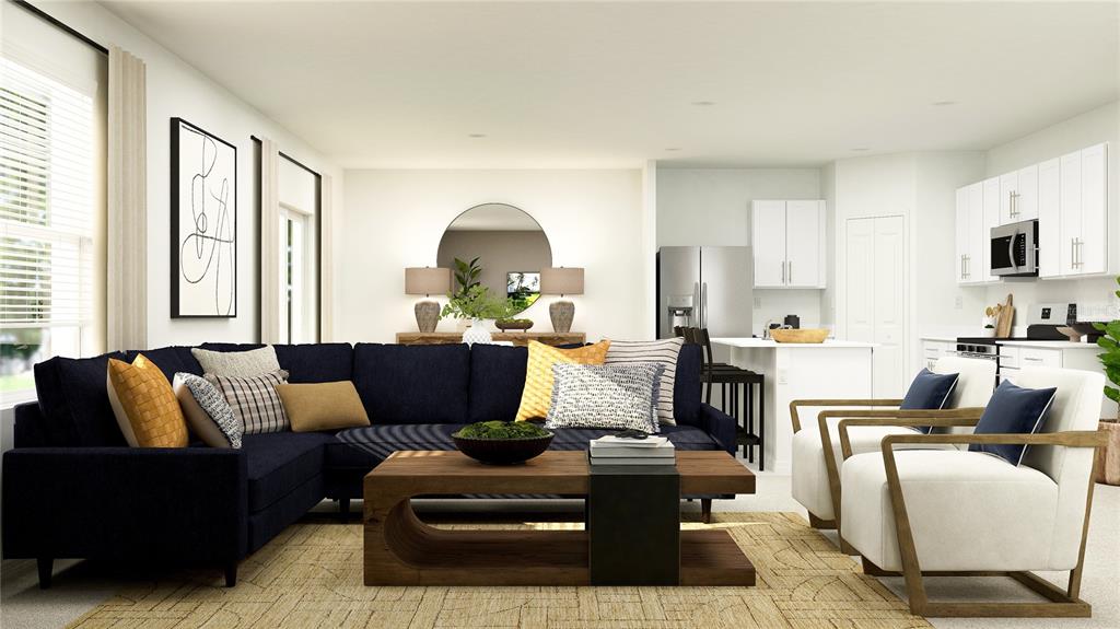 This is a digital rendering of an open-concept living room and kitchen with modern furniture — 1531 WILLOW GARDEN LOOP, EUSTIS, FL