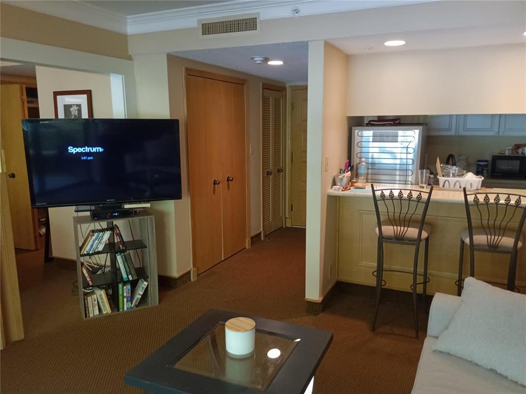 A living room features a television on a shelf, a coffee table, and a breakfast bar — 36750 US HIGHWAY 19 N UNIT 13-216, PALM HARBOR, FL