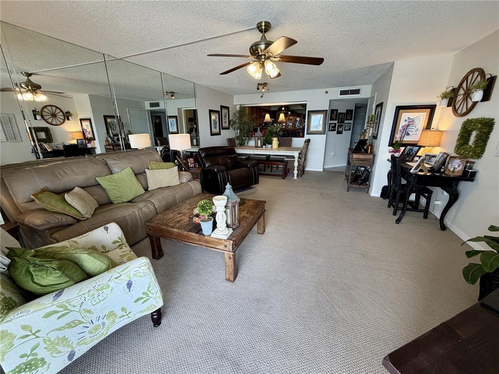 A living room features a tan leather sofa, a patterned armchair, and a mirrored wall — 2 ADALIA AVENUE UNIT 405, TAMPA, FL