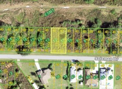 This aerial map shows a vacant residential lot highlighted in yellow along Solomon Drive — 27072 SOLOMON DRIVE, PUNTA GORDA, FL