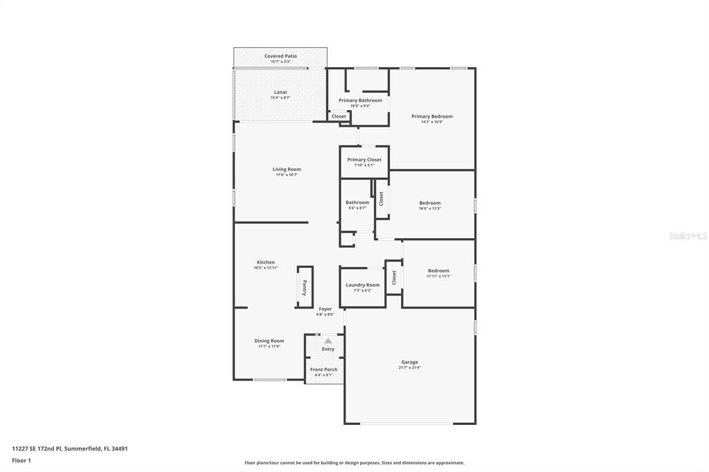 This is a floor plan for a single-story house featuring three bedrooms and a garage — 11227 SE 172ND PLACE, SUMMERFIELD, FL