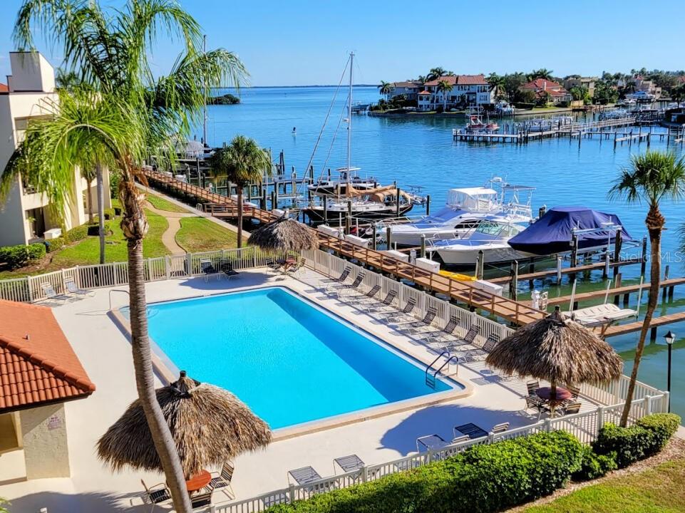 An elevated view of a swimming pool, palm trees, and a boat dock on water — 106 1ST STREET E UNIT 215, ST PETERSBURG, FL
