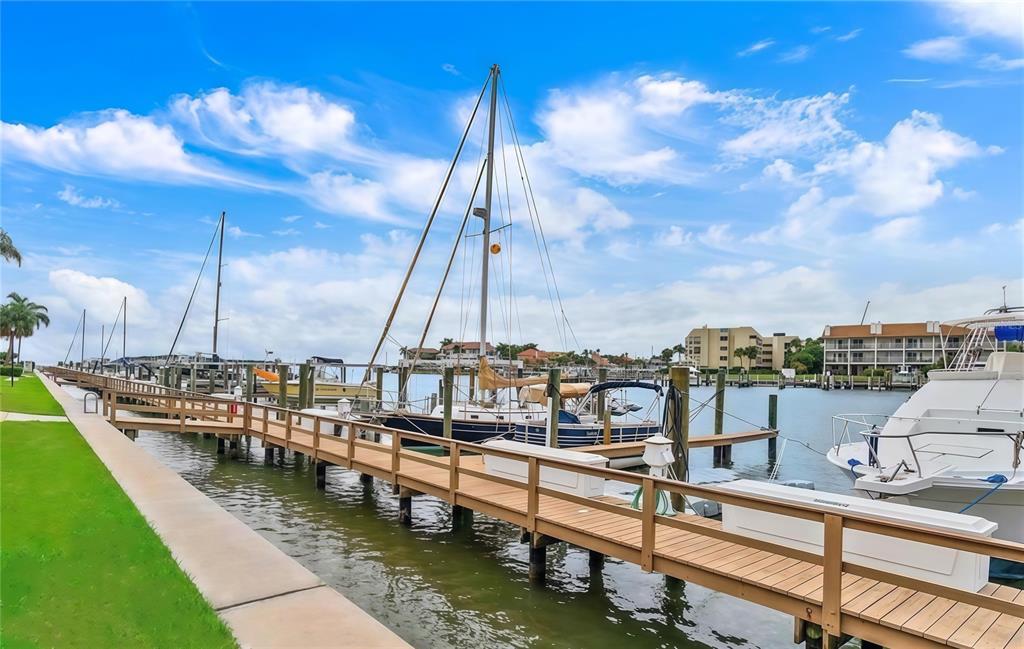 A wooden pier extends into a marina with several docked sailboats and motorboats under a sky — 106 1ST STREET E UNIT 215, ST PETERSBURG, FL