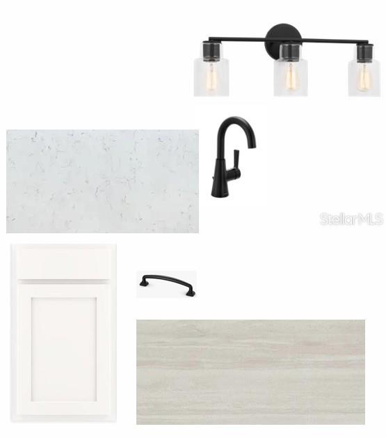 This digital design board displays kitchen finishes including wood flooring, cabinetry, countertops, and hardware — 31123 PENDLETON LANDING CIRCLE, WESLEY CHAPEL, FL
