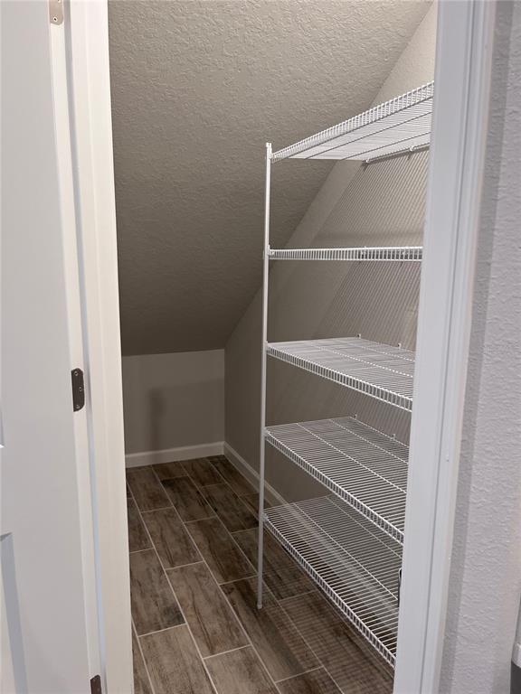 A small walk-in pantry features wire shelving, gray walls, and wood-look tile flooring — 2345 SUMMERLIT STREET, LUTZ, FL