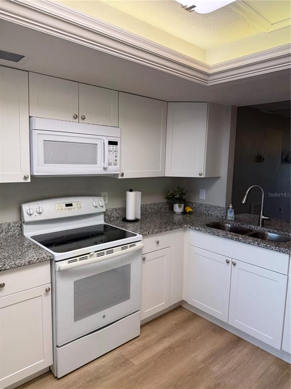 A kitchen features white cabinets, granite countertops, a white electric stove, and a microwave — 4711 SANTA BARBARA BOULEVARD UNIT 1, CAPE CORAL, FL