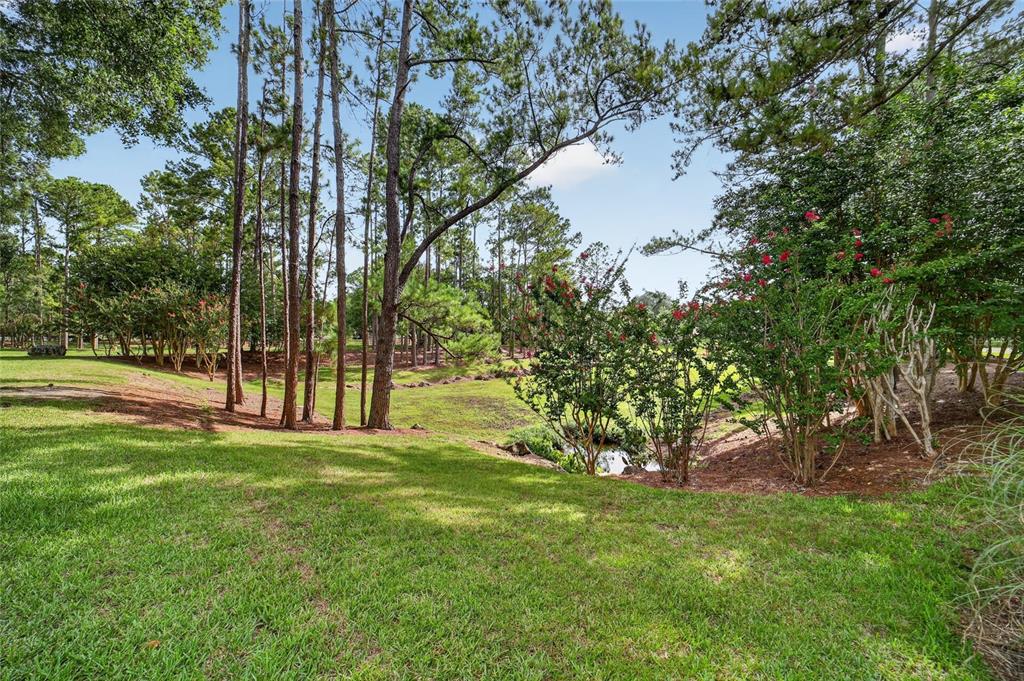 A grassy yard slopes down toward a small pond surrounded by trees and flowering bushes — 8891 SW 96TH LANE UNIT E, OCALA, FL