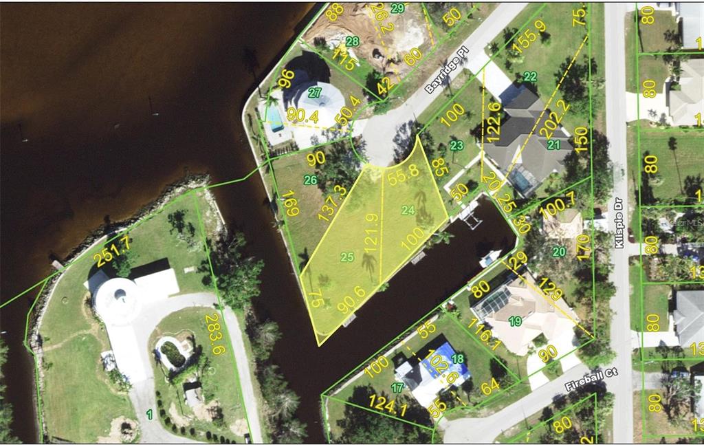 This is an aerial map showing residential lots and a canal in a neighborhood — 323 and 325 BAYRIDGE PLACE, PUNTA GORDA, FL