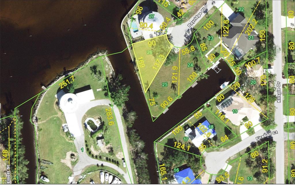 This is a satellite map showing residential lots and canal frontage in a suburban neighborhood — 323 and 325 BAYRIDGE PLACE, PUNTA GORDA, FL
