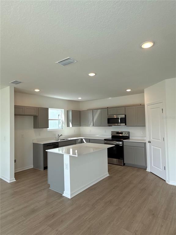 A kitchen features gray cabinets, white countertops, a center island, and light wood-look flooring — 13045 SASSAFRAS TRAIL, PARRISH, FL