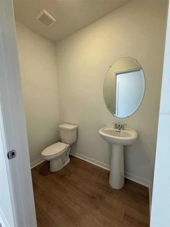 A small bathroom features a pedestal sink, a white toilet, and wood-look flooring — 13045 SASSAFRAS TRAIL, PARRISH, FL